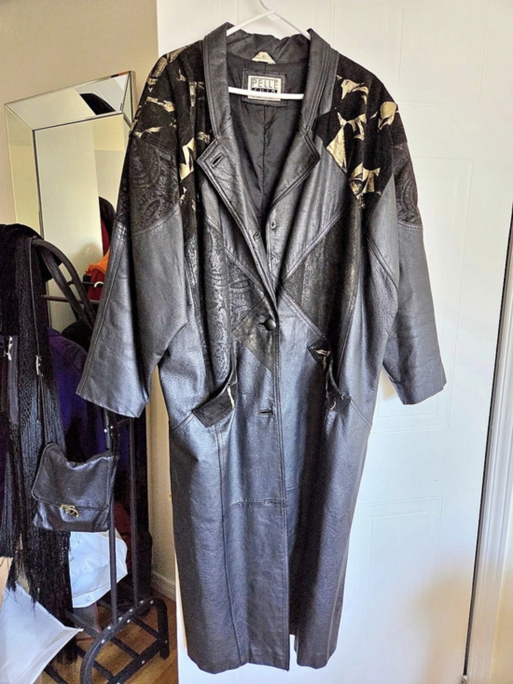 Vintage 80s Pelle Cuir Black Leather Suede Gold Patchwork Maxi Coat XL